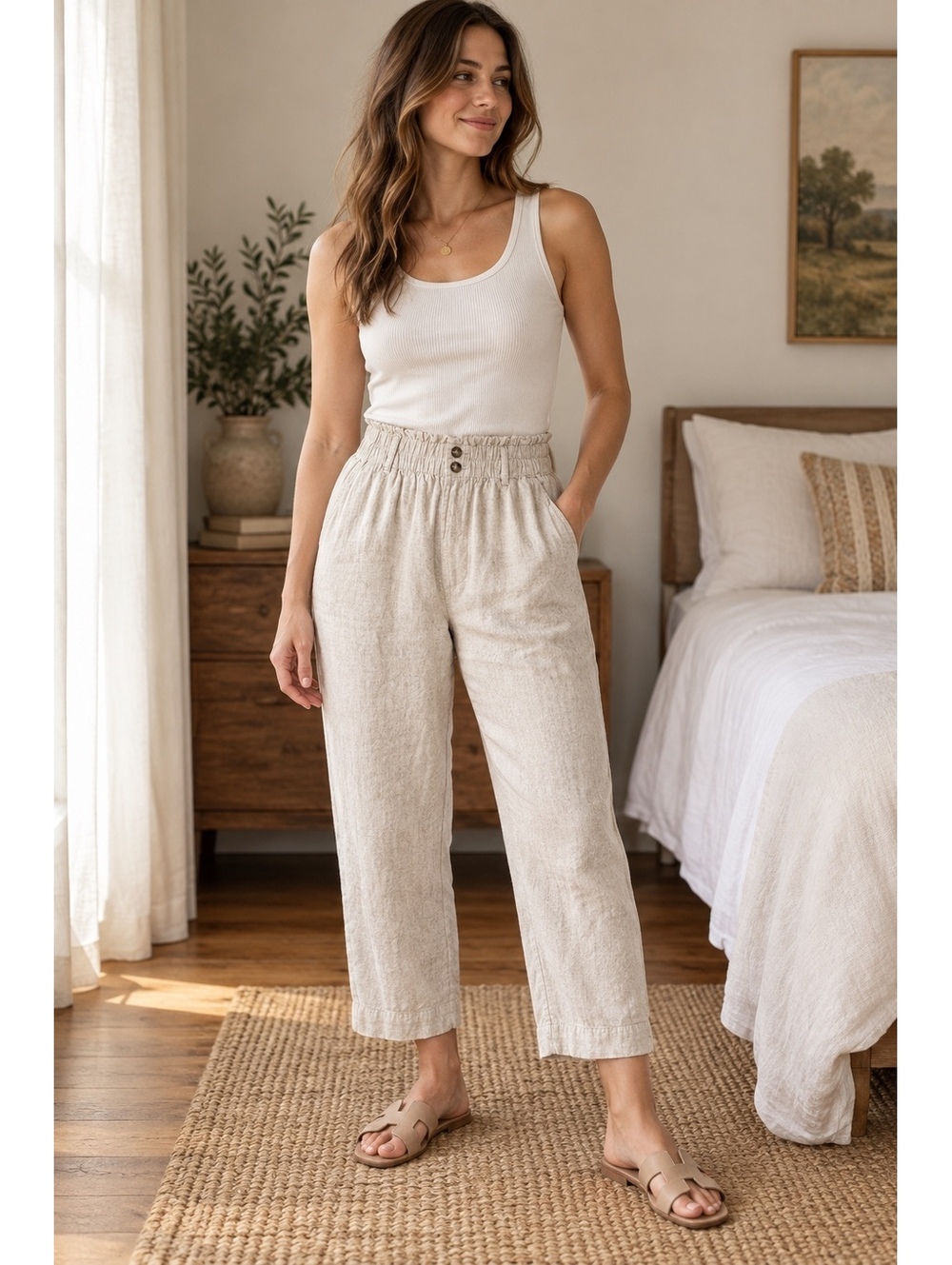 Linen Blend Cropped Pants Vintage Briggs Oatmeal Paperbag Waist Size S